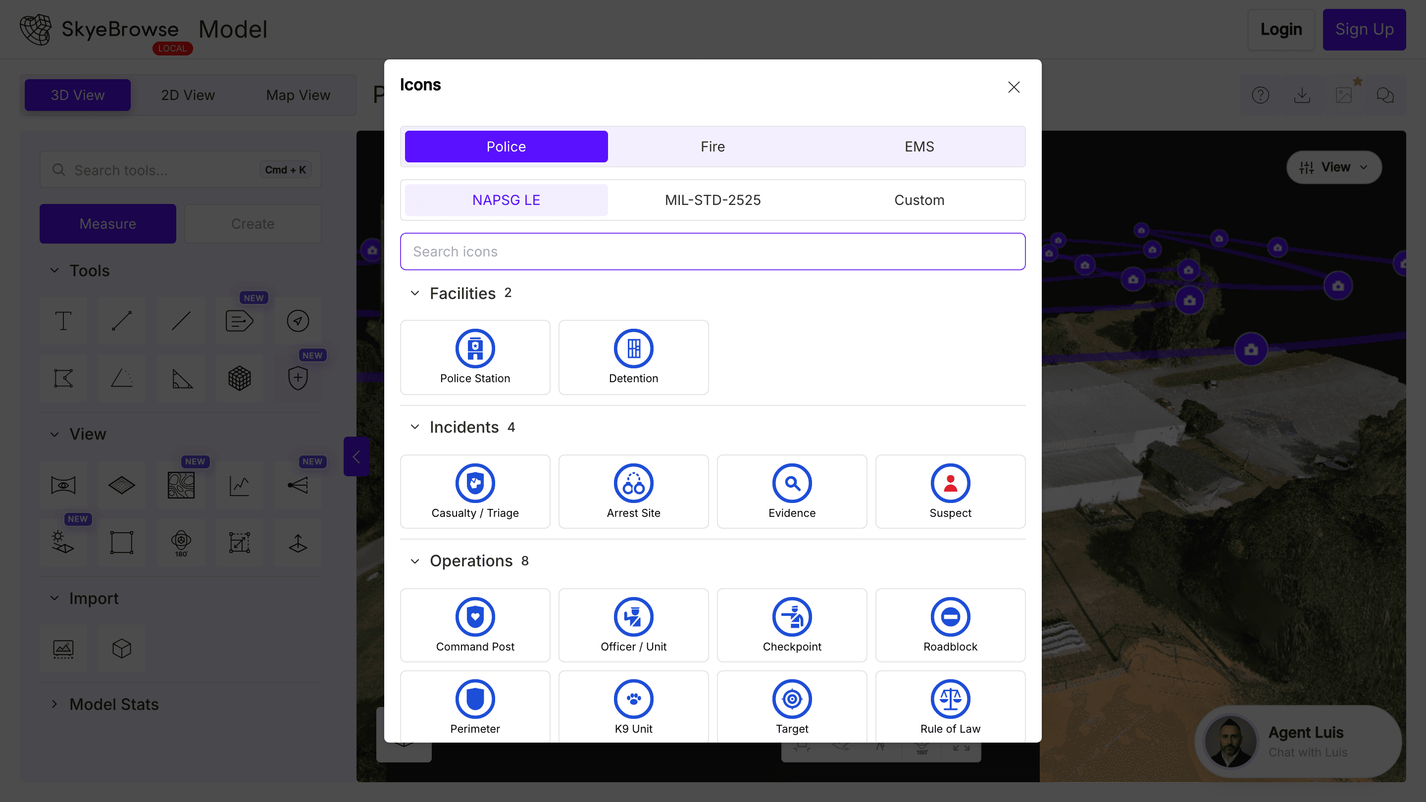 SkyeBrowse Icons tool with the searchable Police, Fire, and EMS public-safety symbol picker