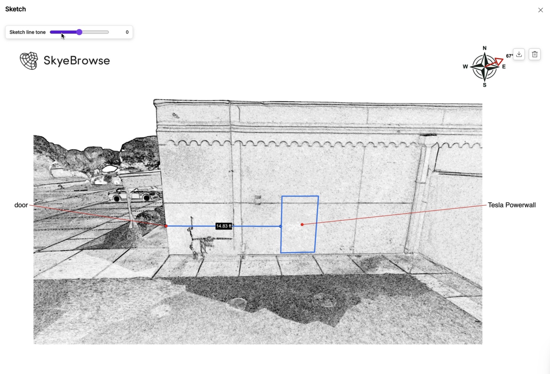 SkyeBrowse sketch drawing with annotations and compass