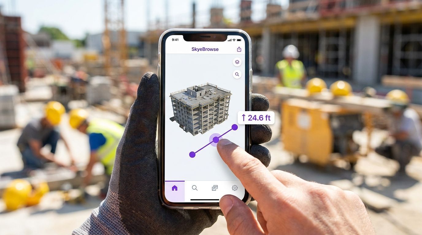 A hand measuring a building on the SkyeBrowse 3D viewer from a phone at a jobsite