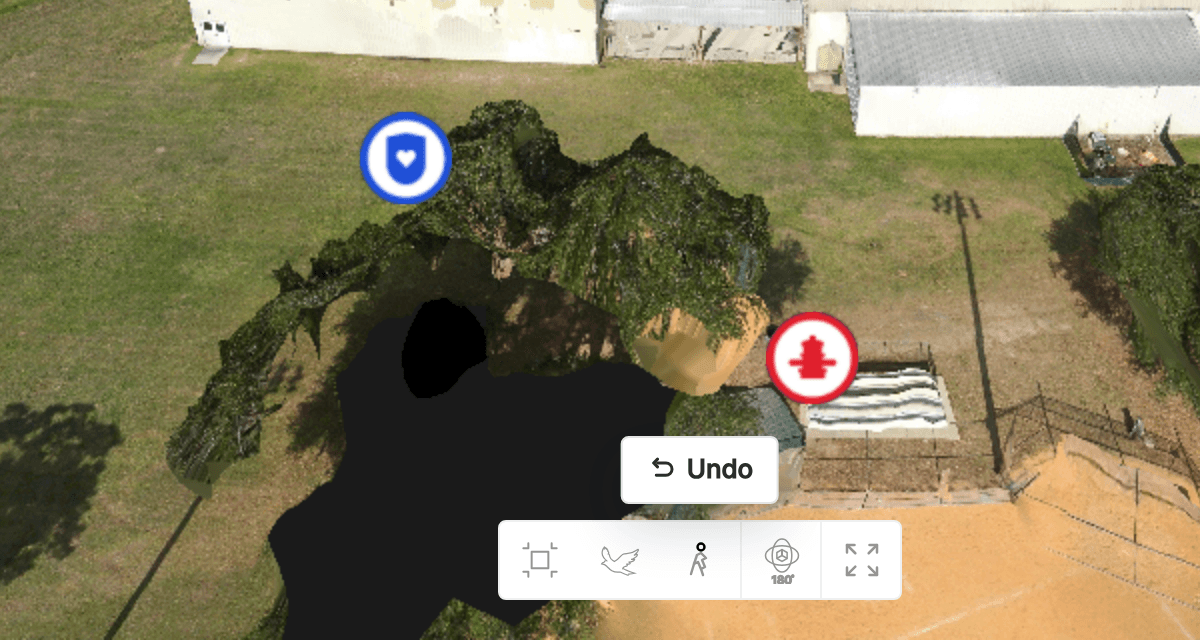 The Undo button in the SkyeBrowse viewer with placed public-safety icons on the model