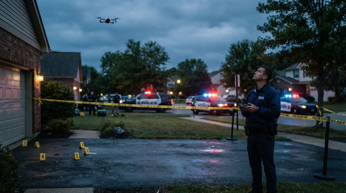 Crime scene investigator flying a small drone over a taped-off residential driveway marked with numbered evidence placards at dusk