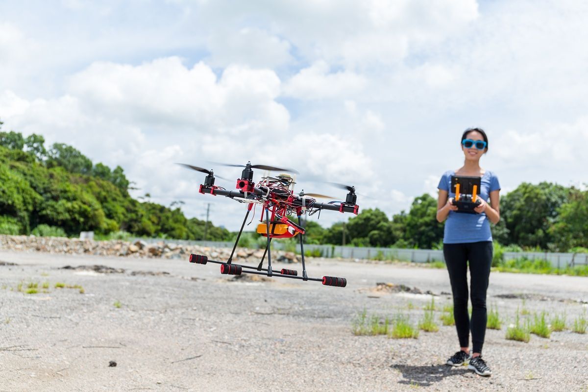 Survey crew with drone equipment preparing for topographic site capture