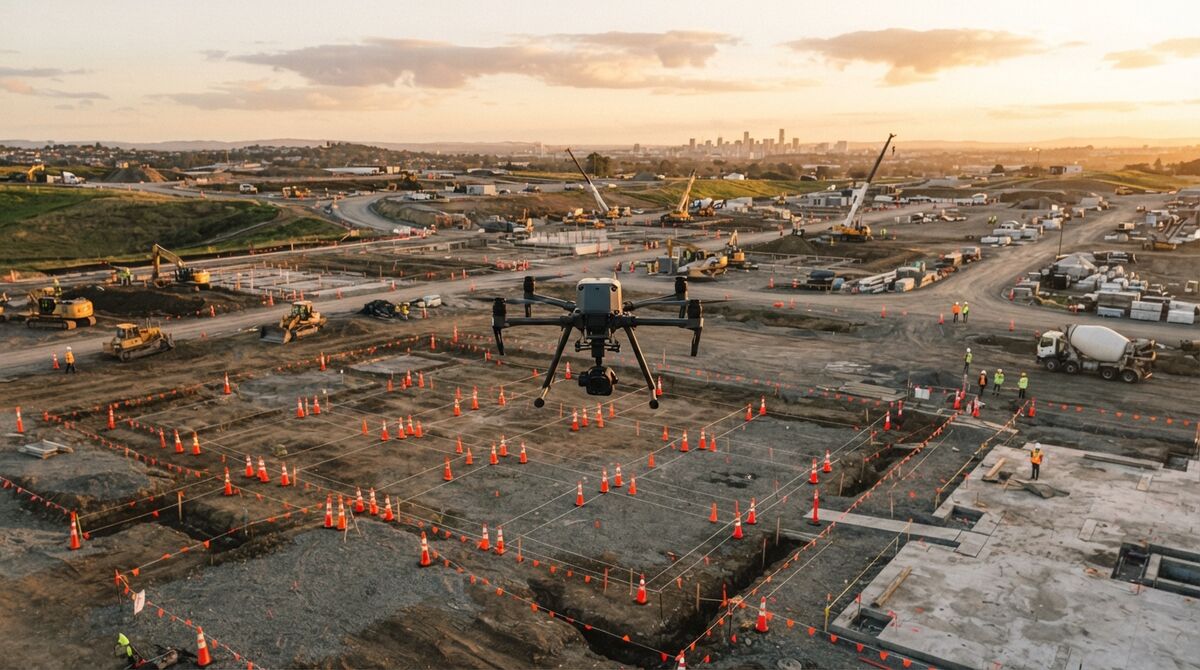 Drone hovering over a construction site at golden hour during a survey flight, illustrating aerial data capture for drone mapping software