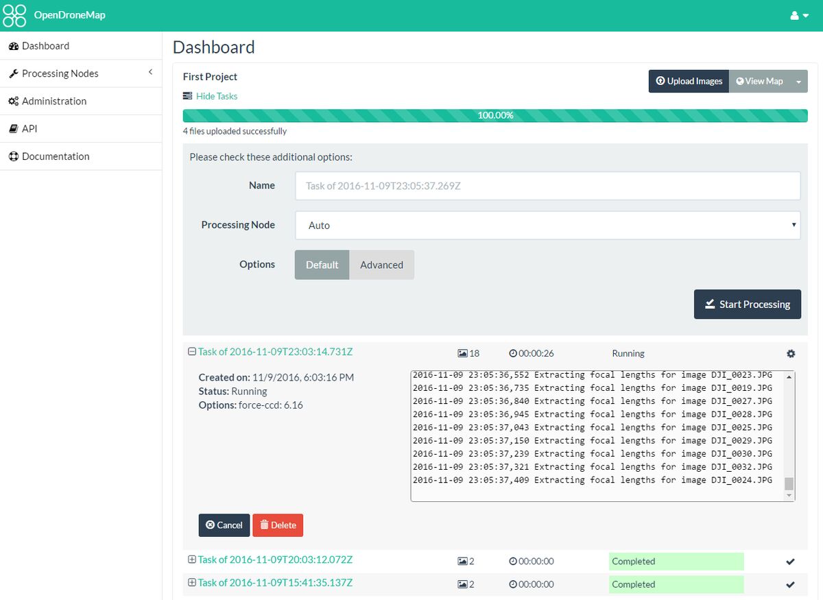 WebODM Dashboard Interface
