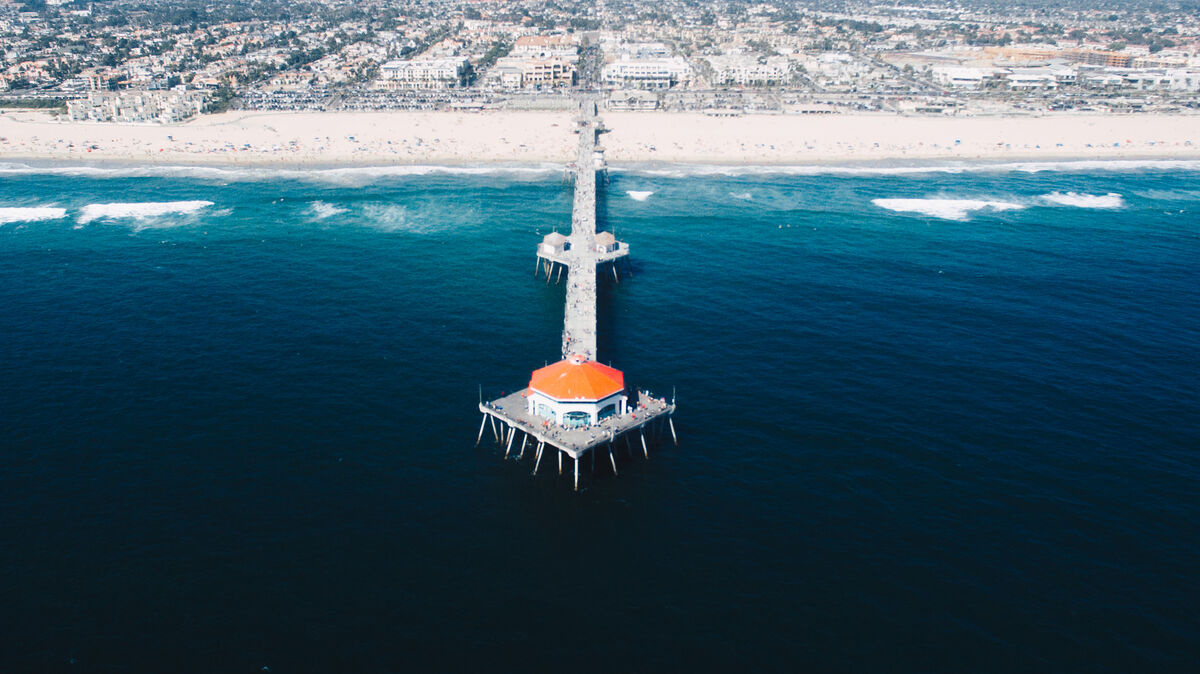 Aerial view of Huntington Beach pier and Pacific Coast Highway, a primary corridor for Huntington Beach PD