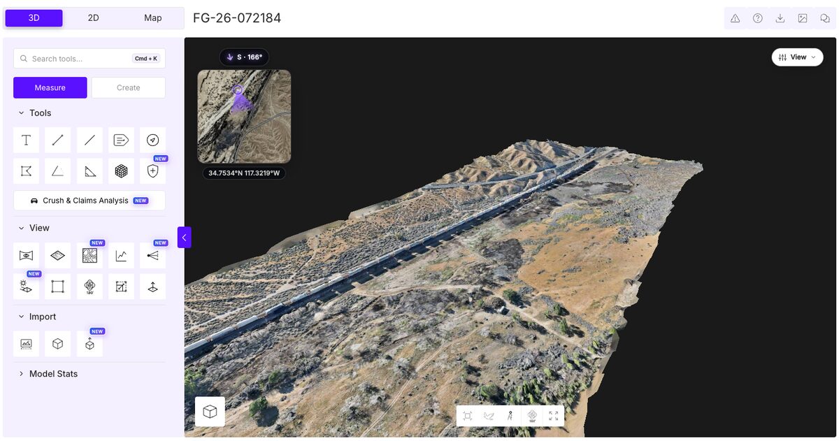 SkyeBrowse 3D model of a railroad fire scene in San Bernardino County's high desert
