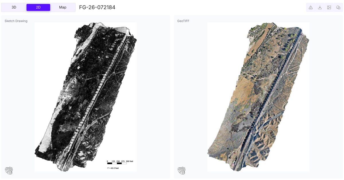SkyeBrowse 2D sketch and orthomosaic map of a railroad fire