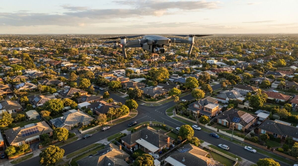 Compact folding drone hovering above a suburban neighborhood during an aerial mapping flight