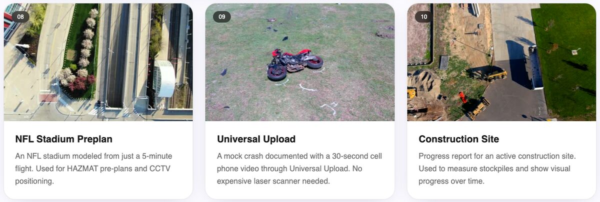 SkyeBrowse showcase cards for an NFL stadium pre-plan model, a mock motorcycle crash captured through Universal Upload, and a construction site progress model
