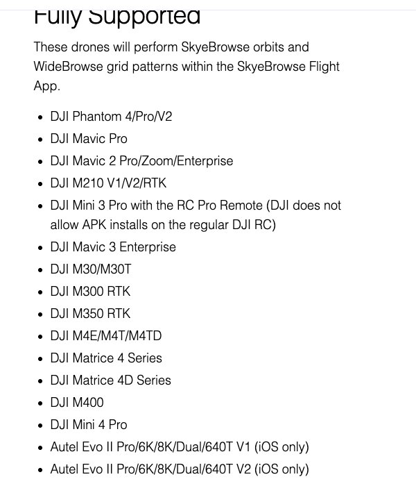 SkyeBrowse supported drones page listing the DJI M30/M30T among the fully supported Flight App drones
