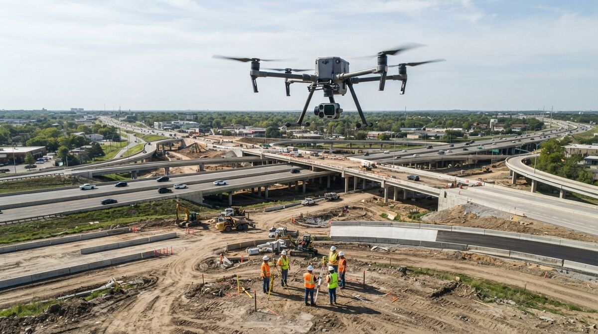 Enterprise drone with camera payload hovering over a highway interchange survey site