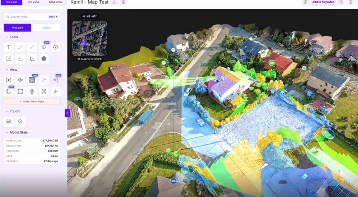SkyeBrowse 3D model of a residential neighborhood with the Line of Sight tool shading visible areas