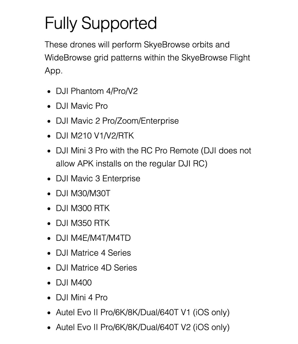 SkyeBrowse supported drones page listing the DJI M400 under fully supported Flight App drones