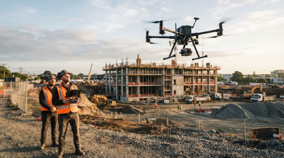 Heavy-lift enterprise drone with a gimbal payload hovering over a construction site while two crew members watch from the ground