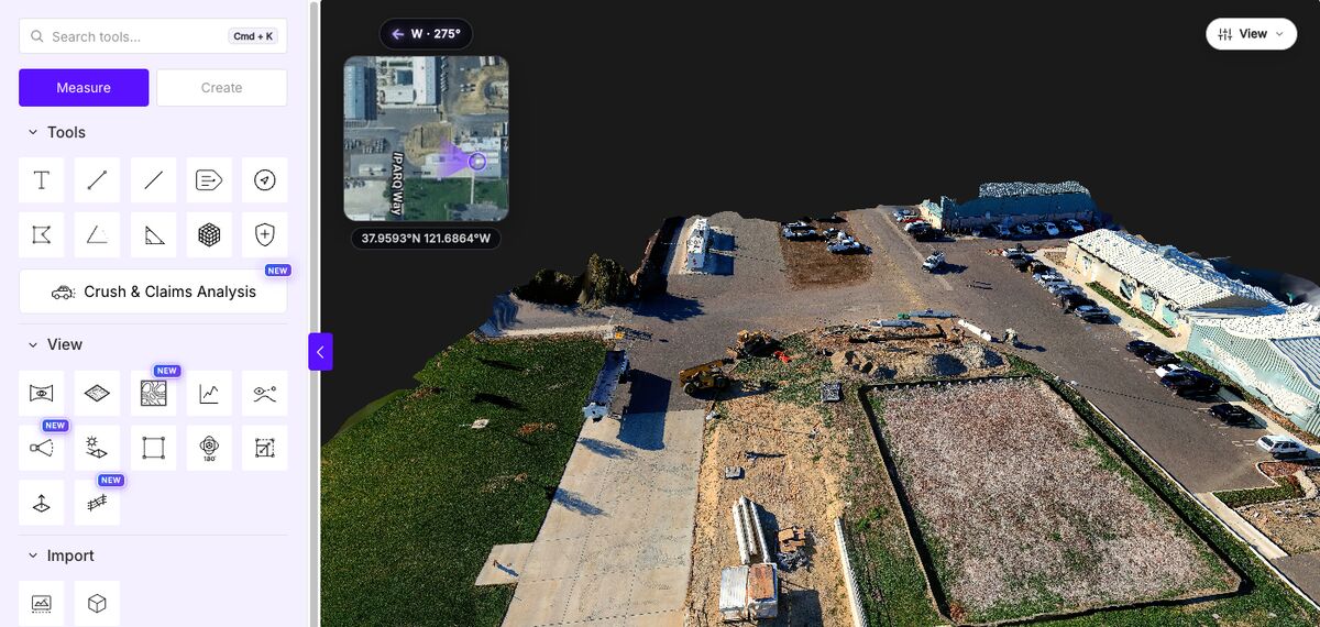 SkyeBrowse 3D model of a construction site with measurement tools and a location minimap