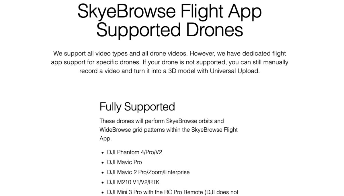 SkyeBrowse Flight App supported drones page listing the DJI Mavic 2 Pro, Zoom and Enterprise as fully supported