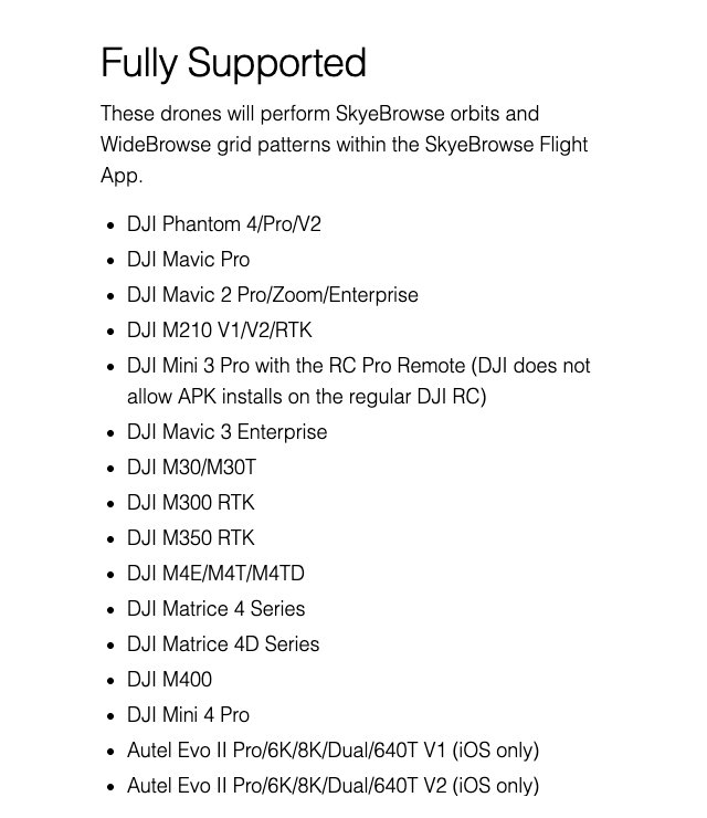 SkyeBrowse supported drones page showing the DJI Mavic 3 Enterprise series in the Fully Supported Flight App list