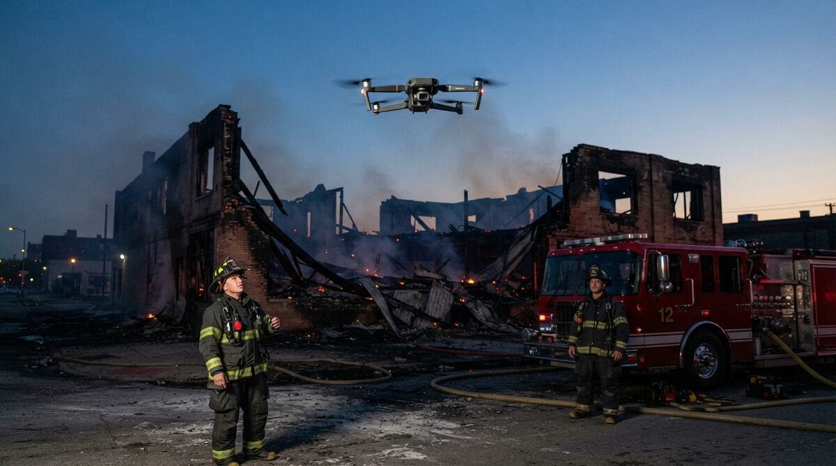 Compact thermal drone hovering at dusk over a burned commercial building while two firefighters watch from beside their engine