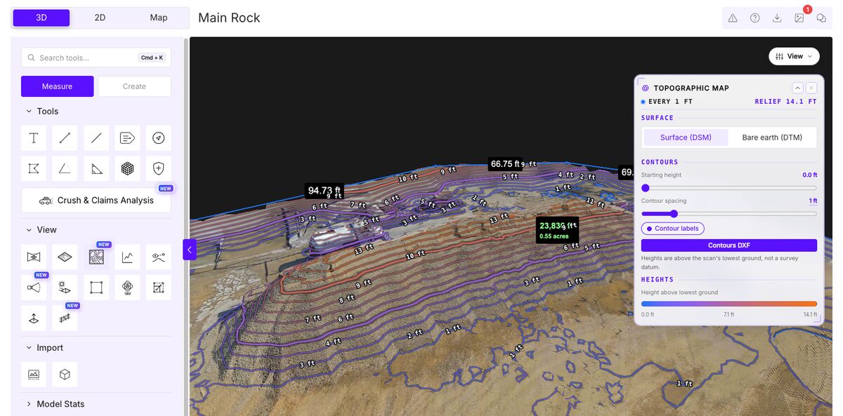 SkyeBrowse 3D model of a rock quarry with topographic contour lines and height labels