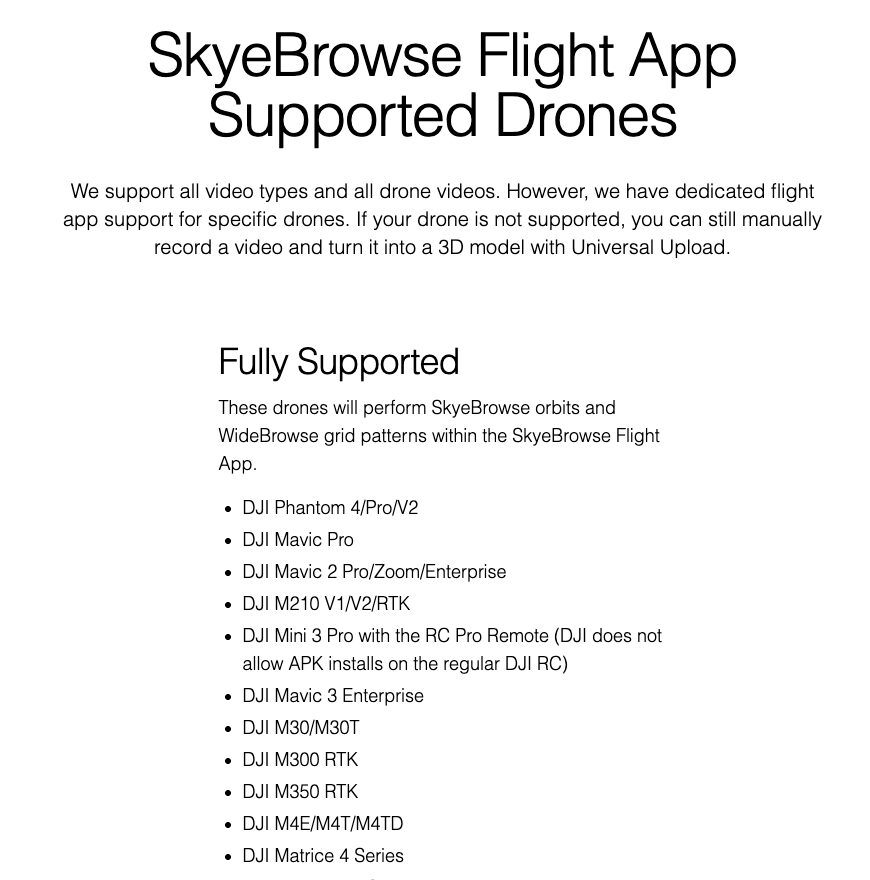 SkyeBrowse Flight App supported drones page with DJI Mavic Pro in the Fully Supported list
