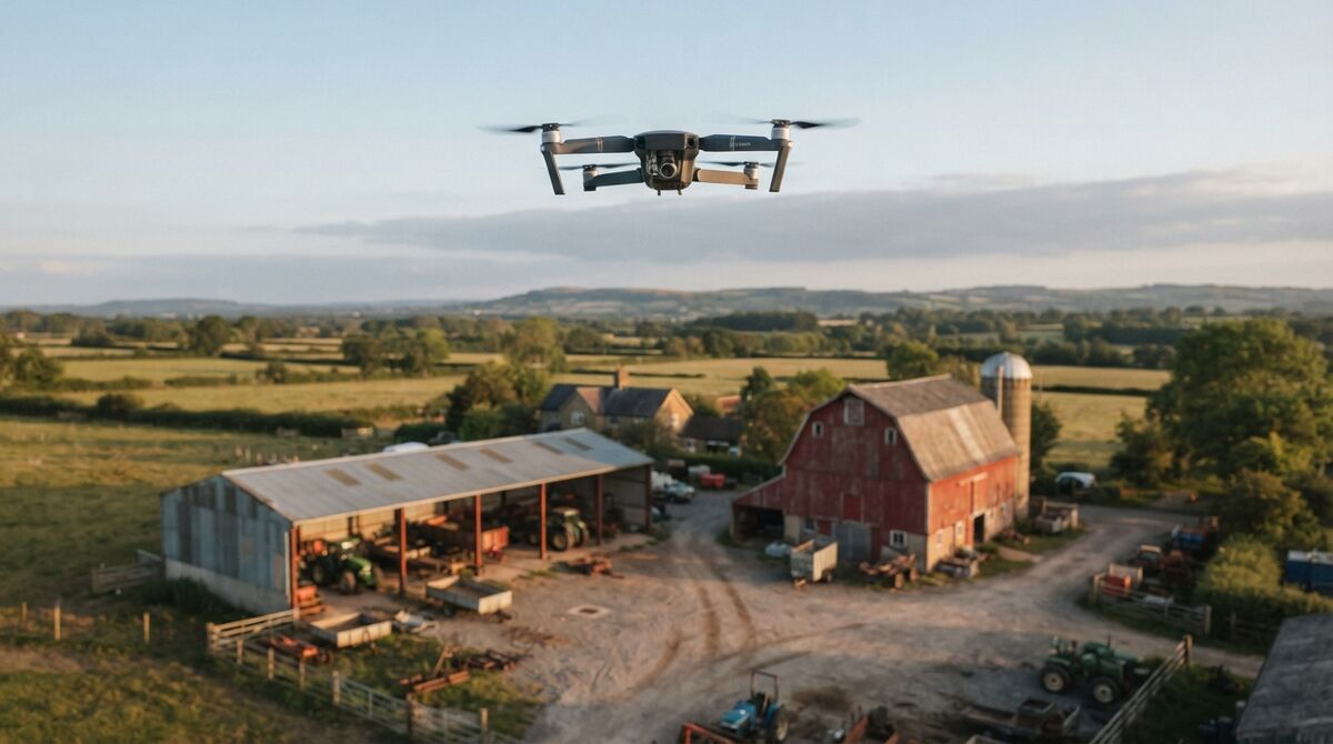 Gray folding camera drone hovering above a farm with a red barn, machine shed and gravel yard