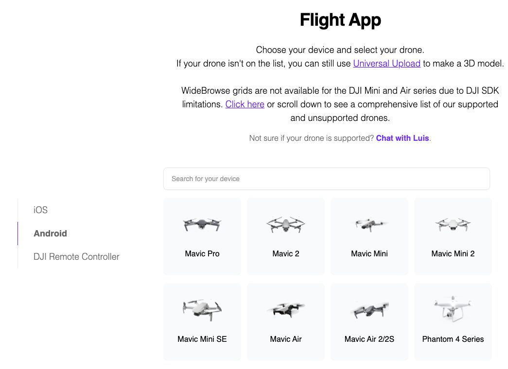 SkyeBrowse Flight App download page on the Android tab, showing drone tiles for the Mavic Mini 2, Mavic Mini, Mavic Mini SE, Mavic Air 2/2S and Phantom 4 series