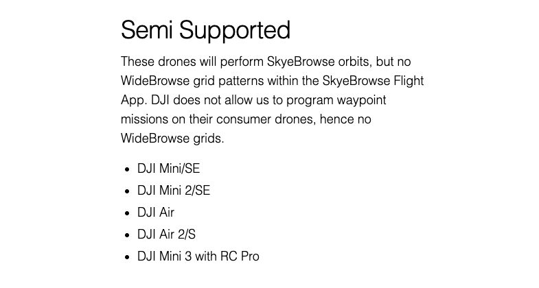SkyeBrowse supported drones page showing the semi supported group, which lists the DJI Mini 2 and Mini 2 SE and explains that DJI blocks waypoint missions on consumer drones