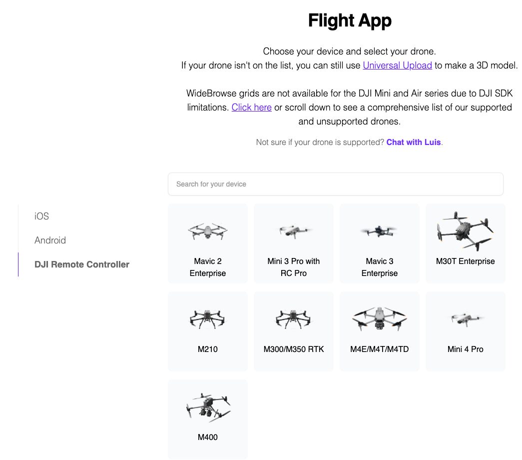 SkyeBrowse Flight App download page with the DJI Remote Controller tab open, listing the Mini 3 Pro with RC Pro alongside the Mavic 3 Enterprise, Mini 4 Pro and Matrice drones