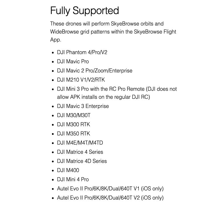 SkyeBrowse supported drones page listing the DJI Mini 3 Pro with the RC Pro remote among fully supported drones and the DJI Mini 3 with RC Pro among semi supported drones