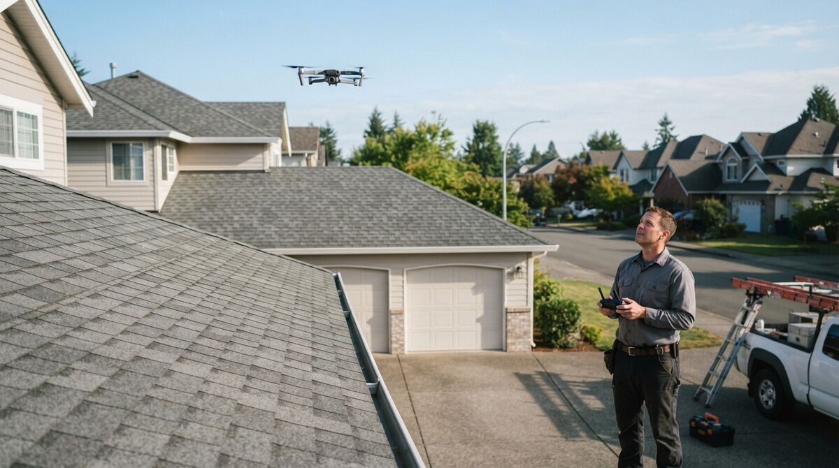 Roofing contractor on a suburban driveway watching a small grey folding drone hover above an asphalt shingle roof, with a pickup truck and ladder parked nearby