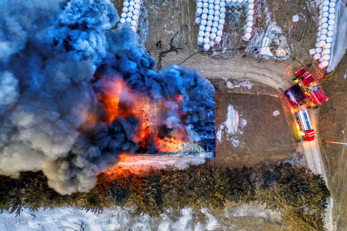 Aerial view of an active fire scene documented from a drone