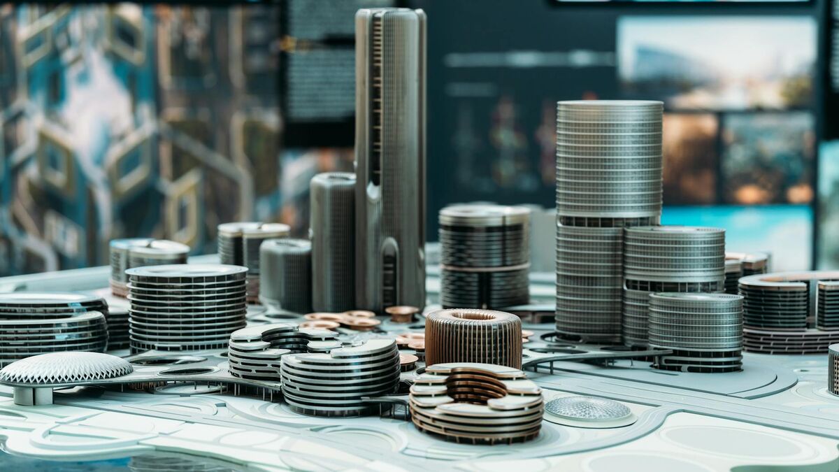 Architectural 3D model of a futuristic smart city illustrating digital twin technology for building and infrastructure management