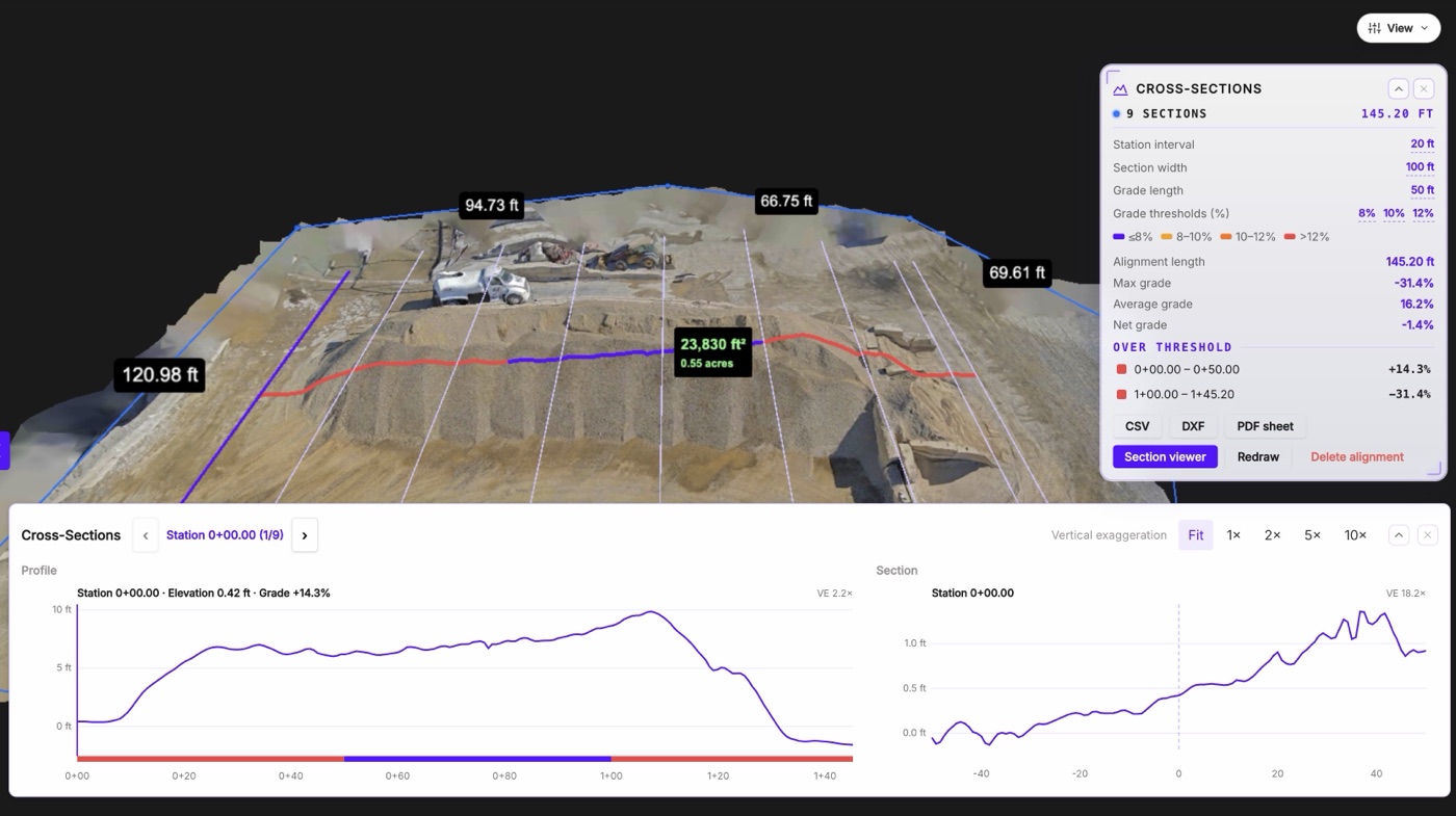 Cross-Sections on an aggregate yard: 9 stations along a 145 ft haul road, grades over 12% flagged in red, with the profile and section viewer below