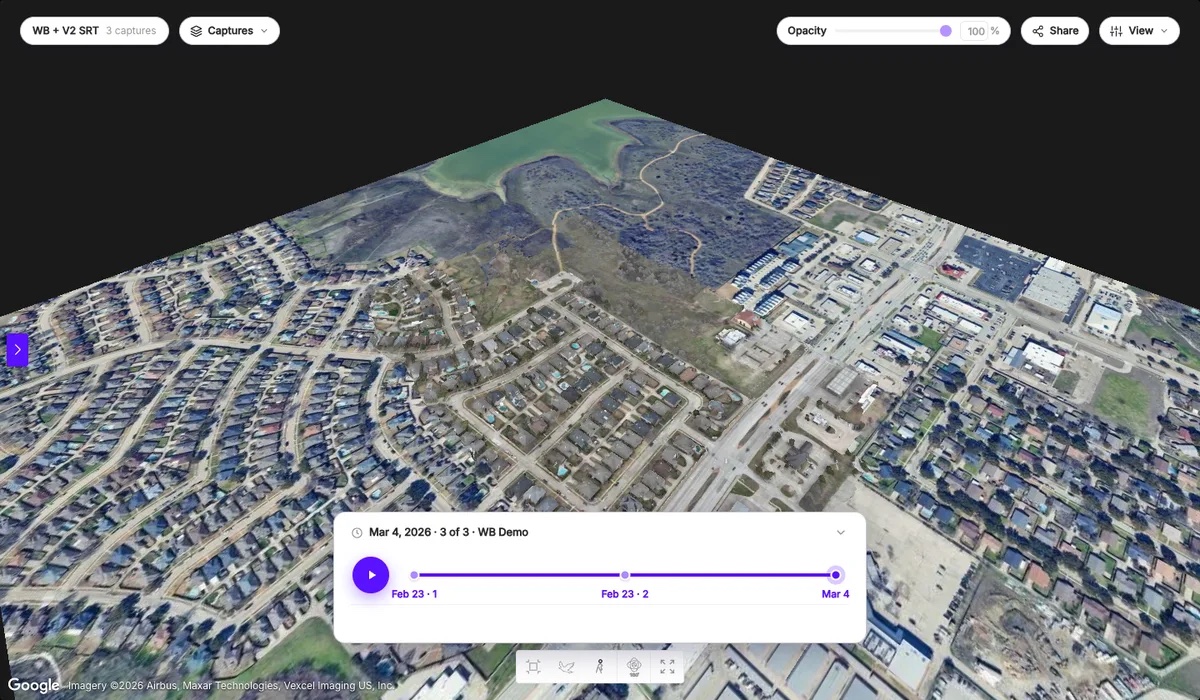Timeline of three surveys registered on Google satellite imagery, with the date slider at the bottom
