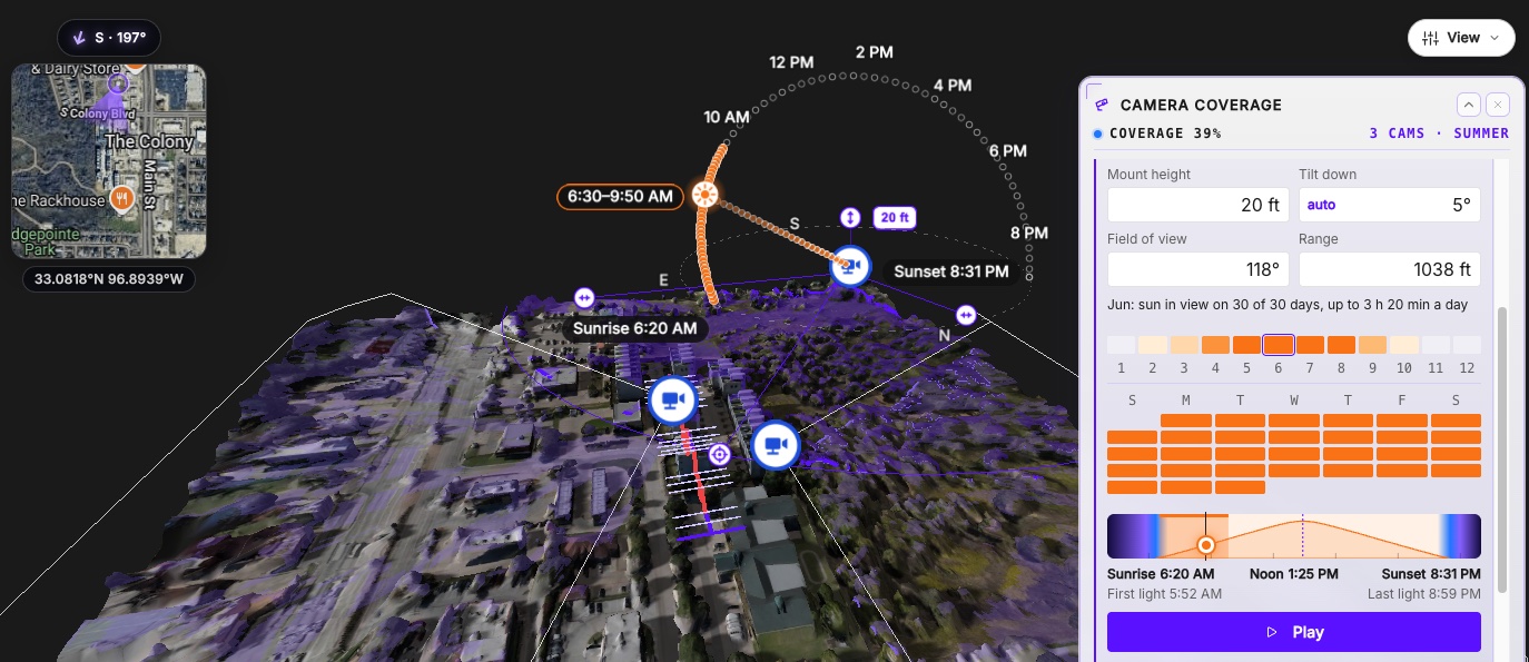 Camera coverage on a condo complex: three suggested cameras, 39% of the model covered, and the June sun path with the morning glare window in orange