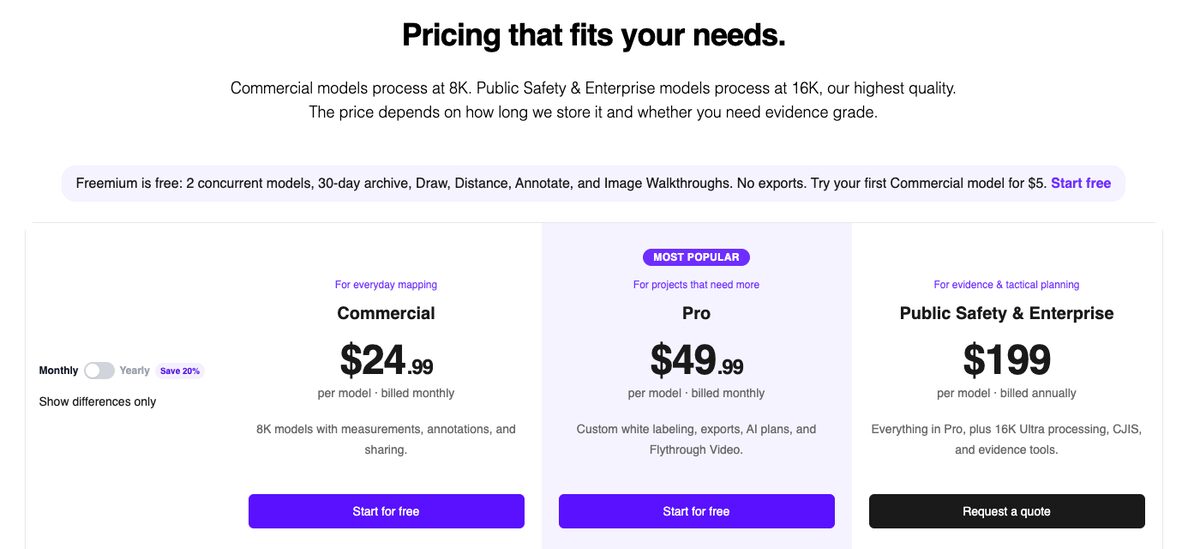 SkyeBrowse pricing page showing Commercial at $24.99, Pro at $49.99, and Public Safety and Enterprise at $199 per model