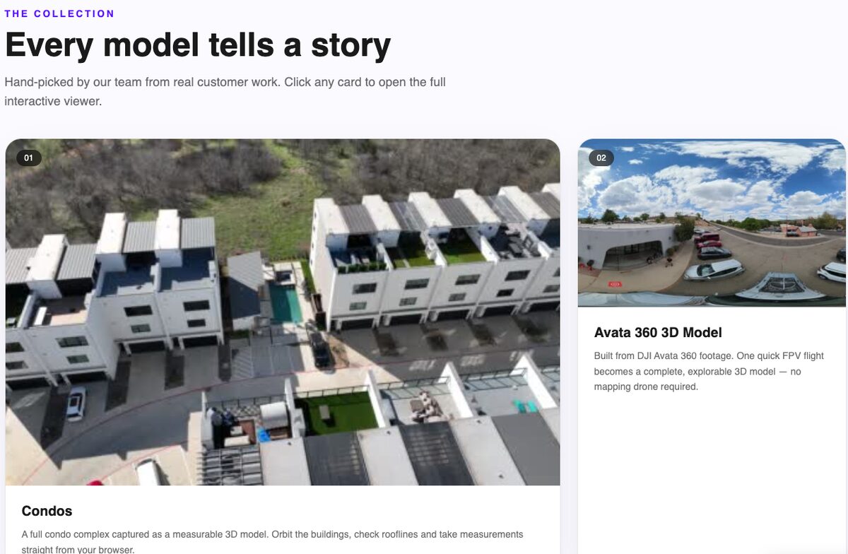 SkyeBrowse showcase gallery with a condo complex 3D model and an Avata 360 3D model built from ordinary video