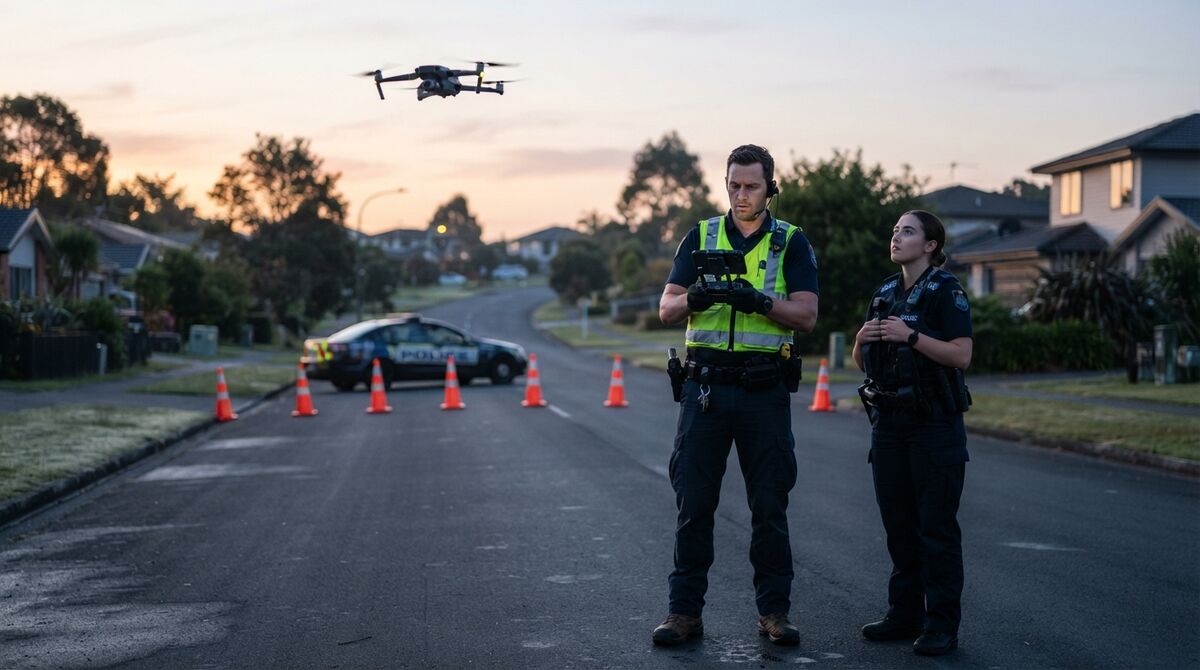 Police drone pilot flying a quadcopter over a closed suburban road at dawn while a second officer watches