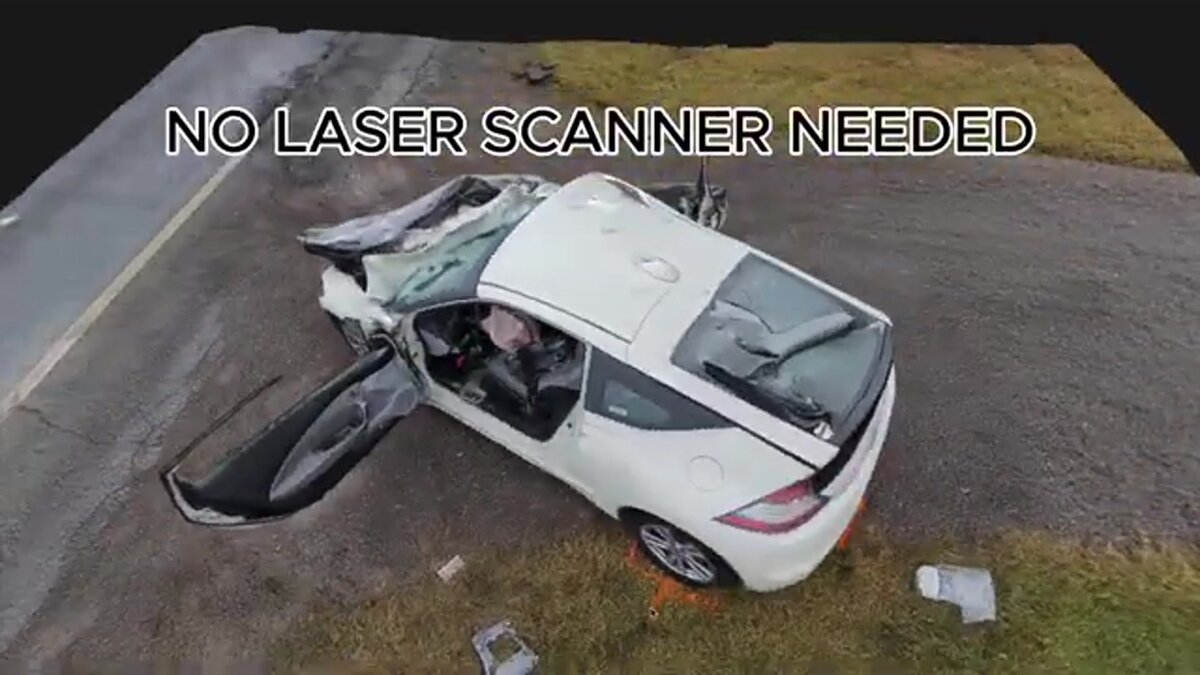 A vehicle crash scene rendered as a measurable 3D model in the SkyeBrowse viewer, captured without a laser scanner