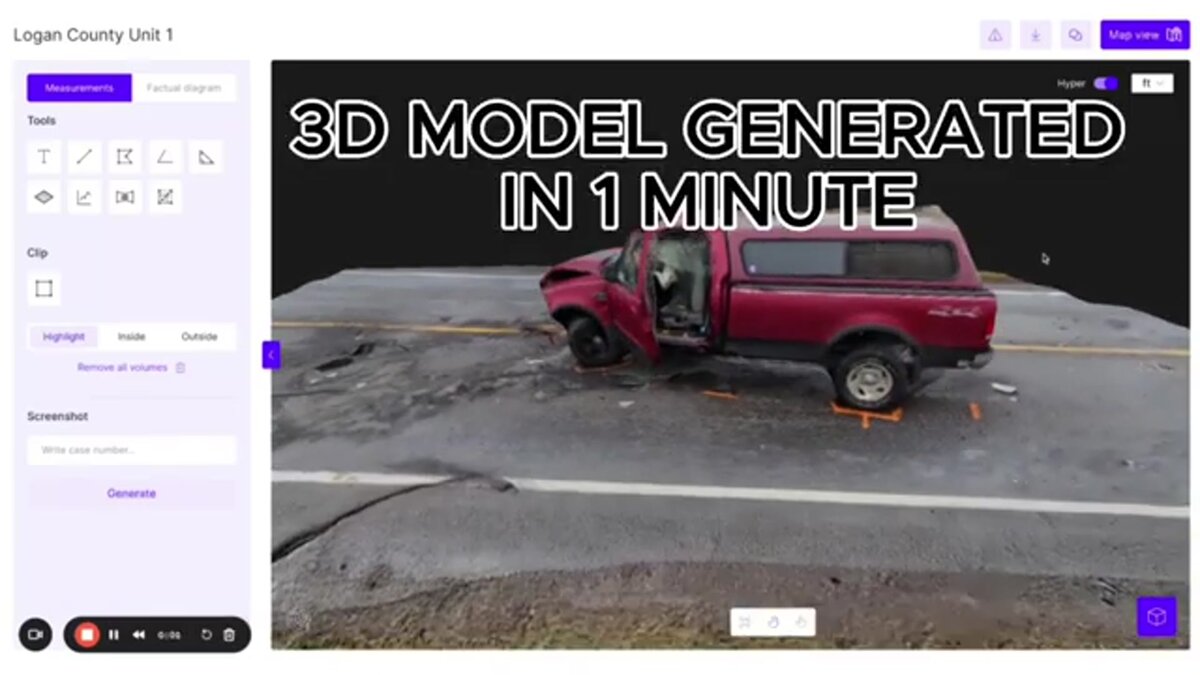 SkyeBrowse 3D model of truck crash scene generated in one minute