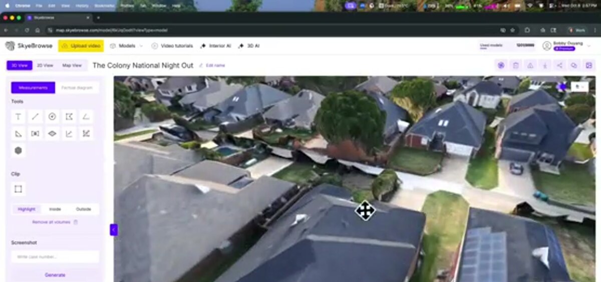 SkyeBrowse 3D model of a residential area showing the on-demand roof data capture workflow