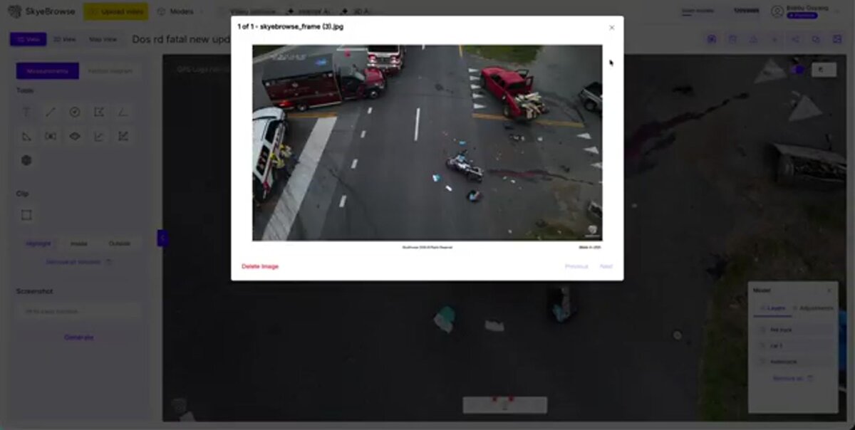 Annotated crash scene evidence photos in the SkyeBrowse viewer