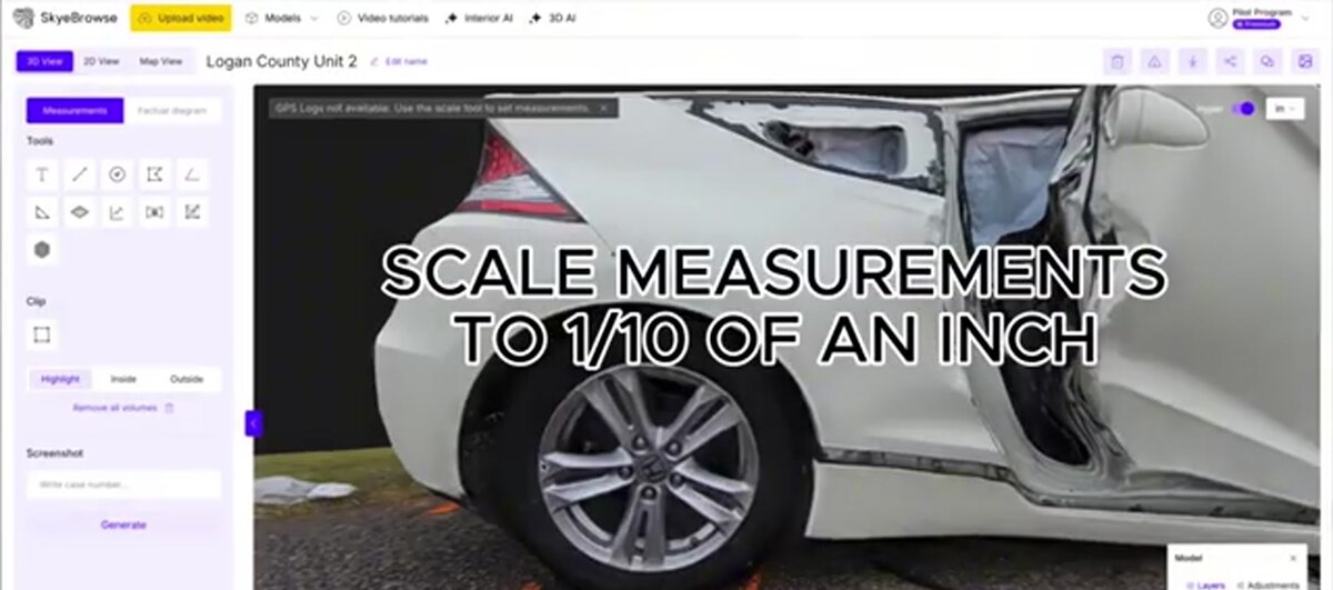 SkyeBrowse platform showing crash scene with measurement overlays