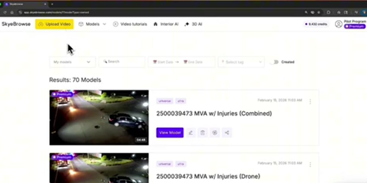 SkyeBrowse platform dashboard showing 3D models from drone inspection flights