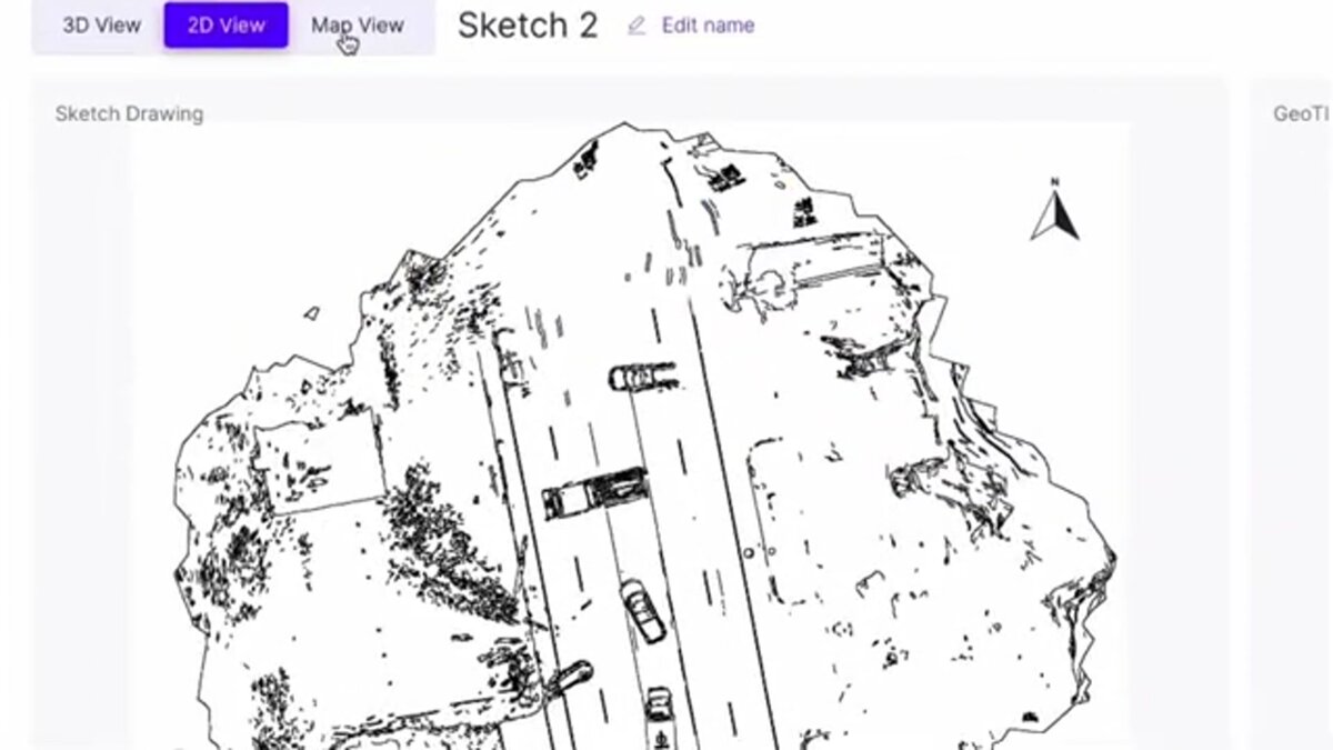 Top-down 2D sketch diagram generated automatically from a 3D capture, with measured scene layout and vehicle positions