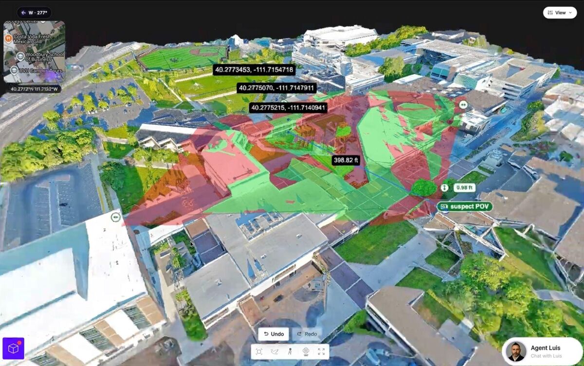 SkyeBrowse Line of Sight two-way comparison showing visible and blocked zones from a second observer point on the campus model