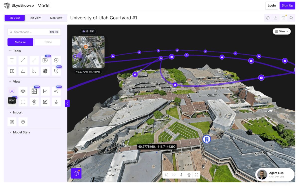 SkyeBrowse model viewer showing the drone flight path and camera positions used to capture the Utah Valley University campus
