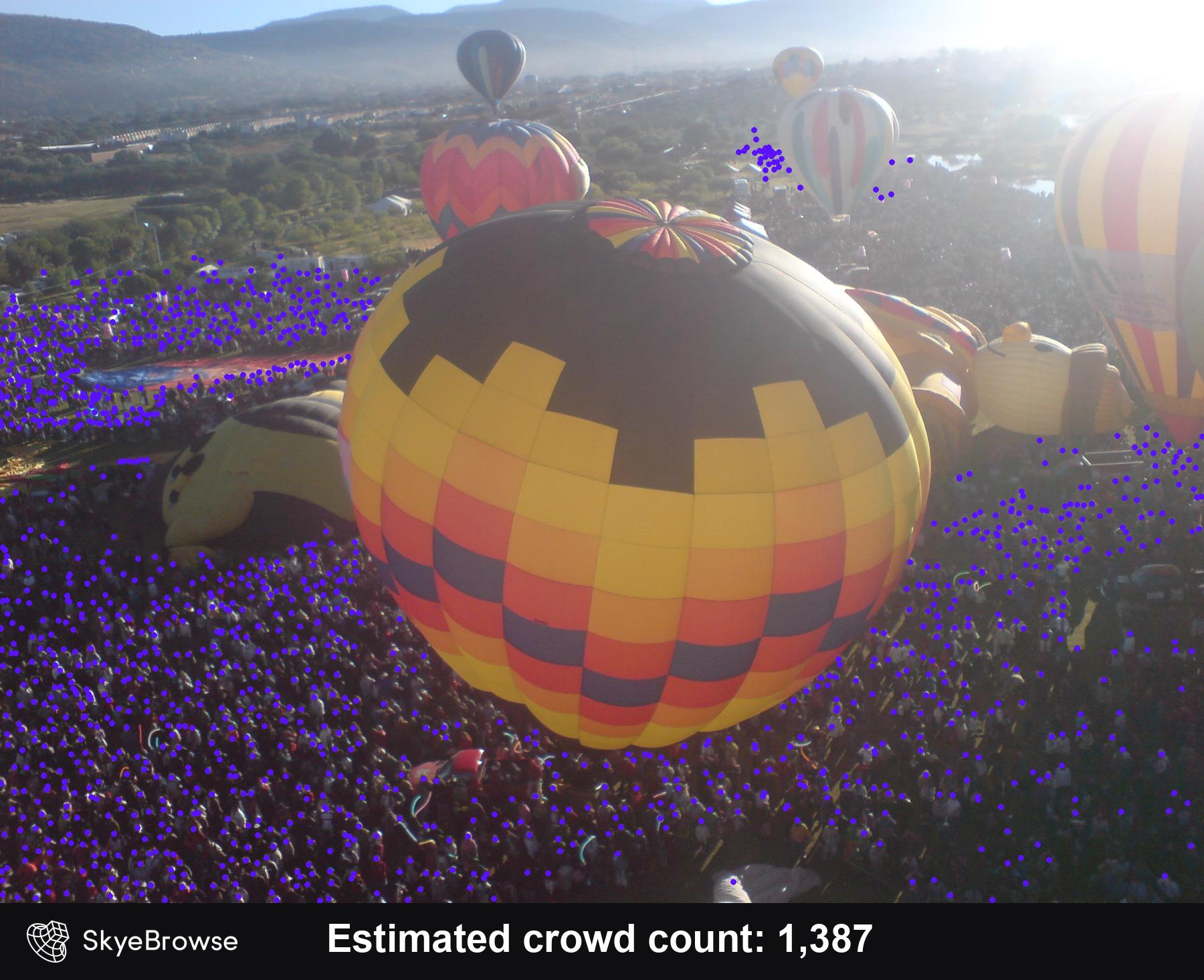 Crowd Counter marking 1,387 detections around hot air balloons