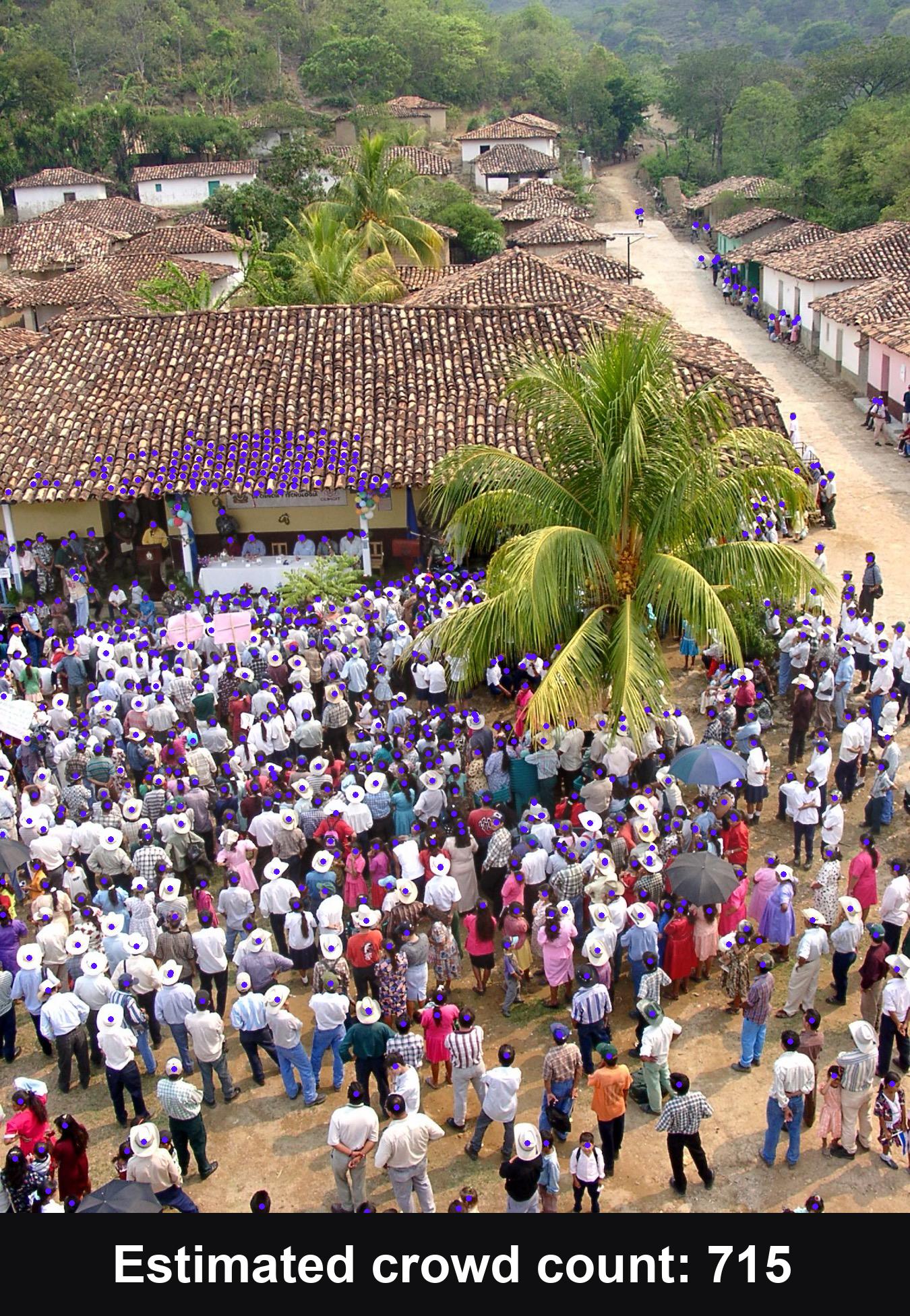 Crowd Counter marking 715 detections in a town gathering