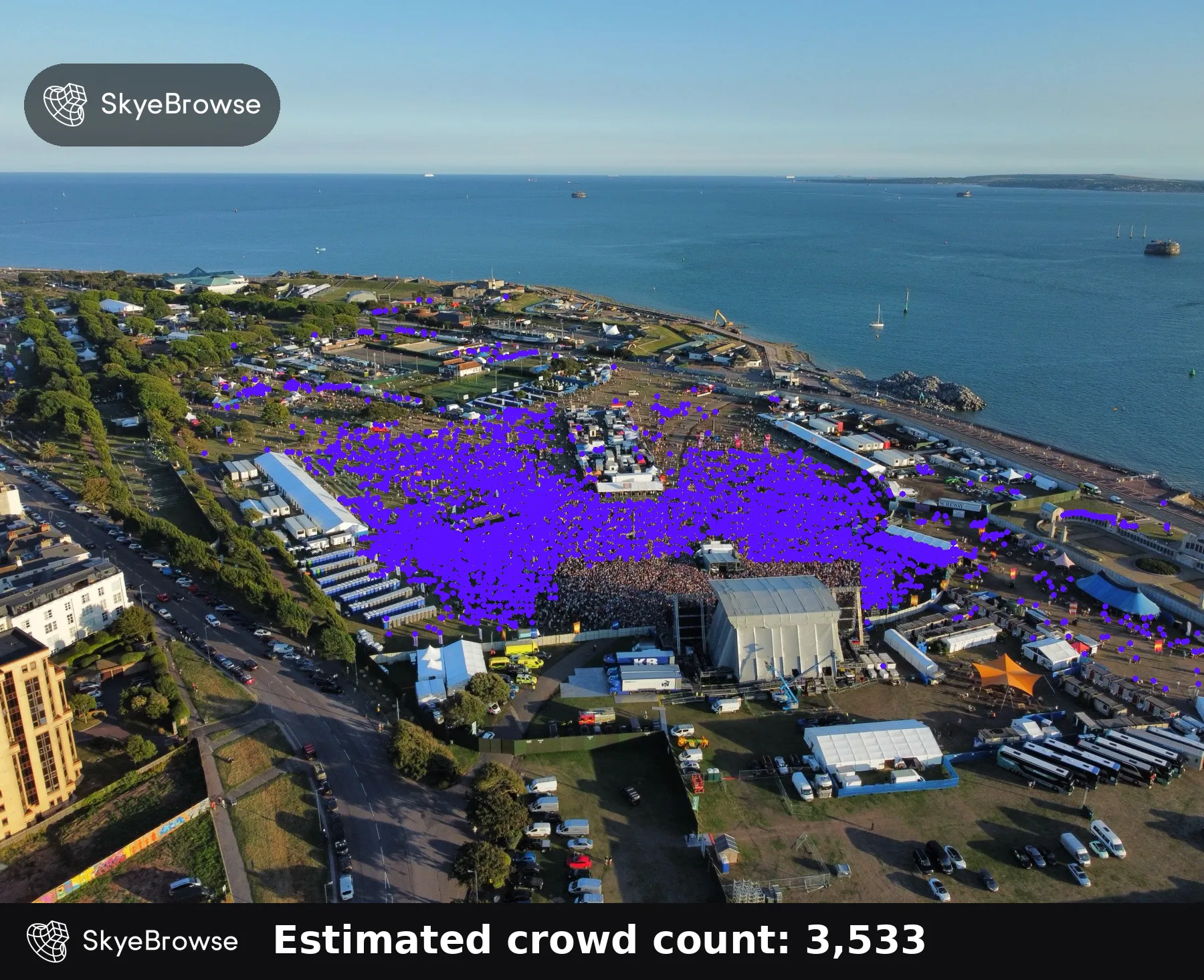Crowd Counter marking 3,533 detections in an aerial festival image